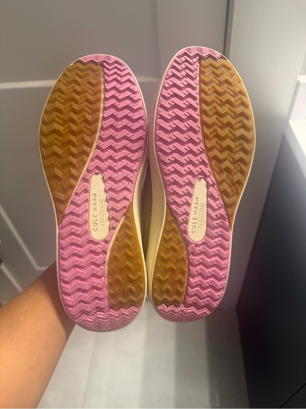 Cole Haan Beige Sneakers with Pink Heel and Yellow Lace Accent - Picture 3 of 4